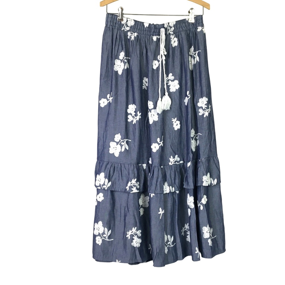 Ana & Rose Floral Embroidered Tiered Maxi Skirt Large Blue